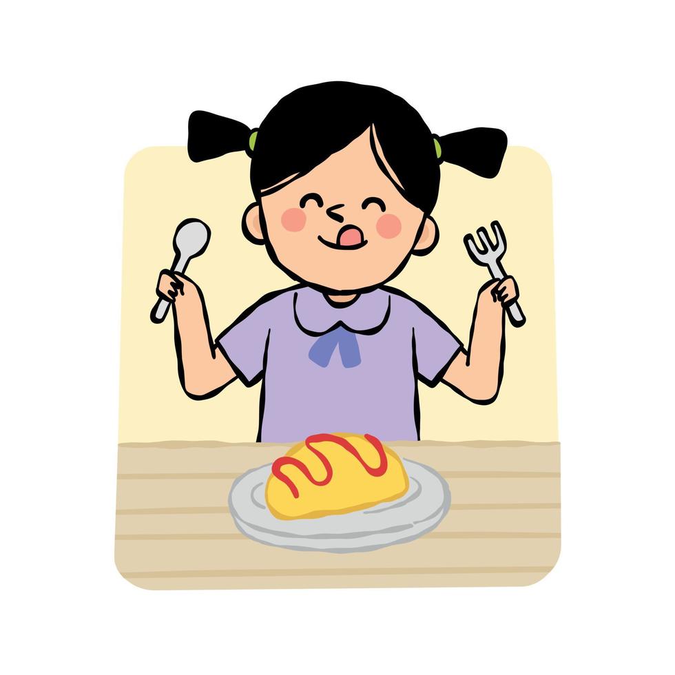 girl very happy eating an omelet for breakfast vector