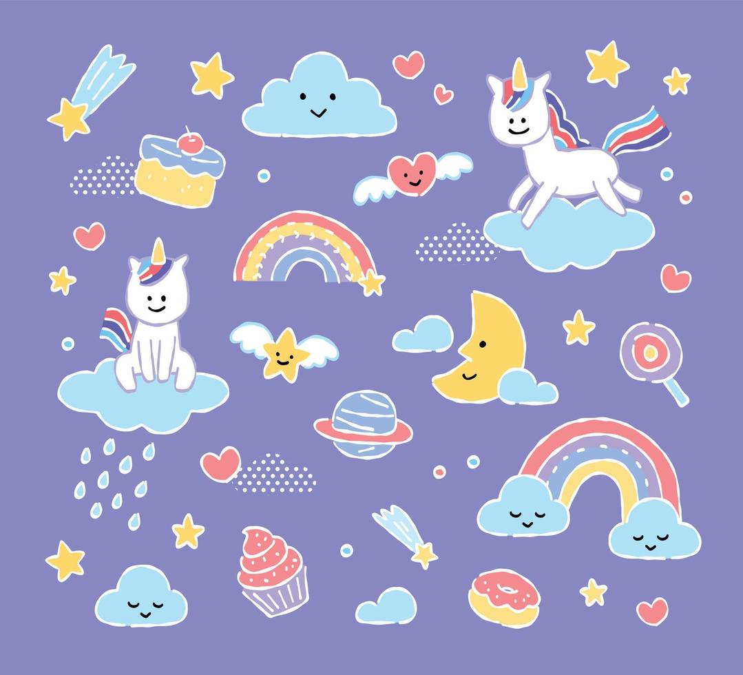 conjunto de vector pastel unicornio, nubes, estrella, postre, planeta, ilustración infantil