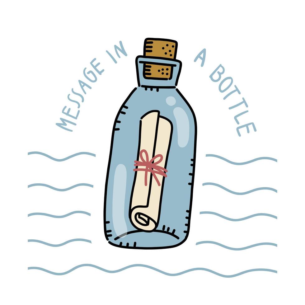 mensaje en un arte de línea de botella, dibujado a mano vector