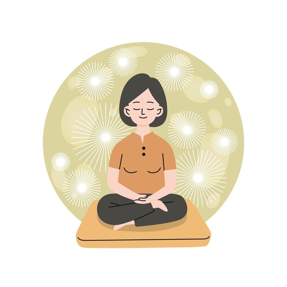 ilustración de una mujer meditando en un cojín de asiento en un círculo de aura vector