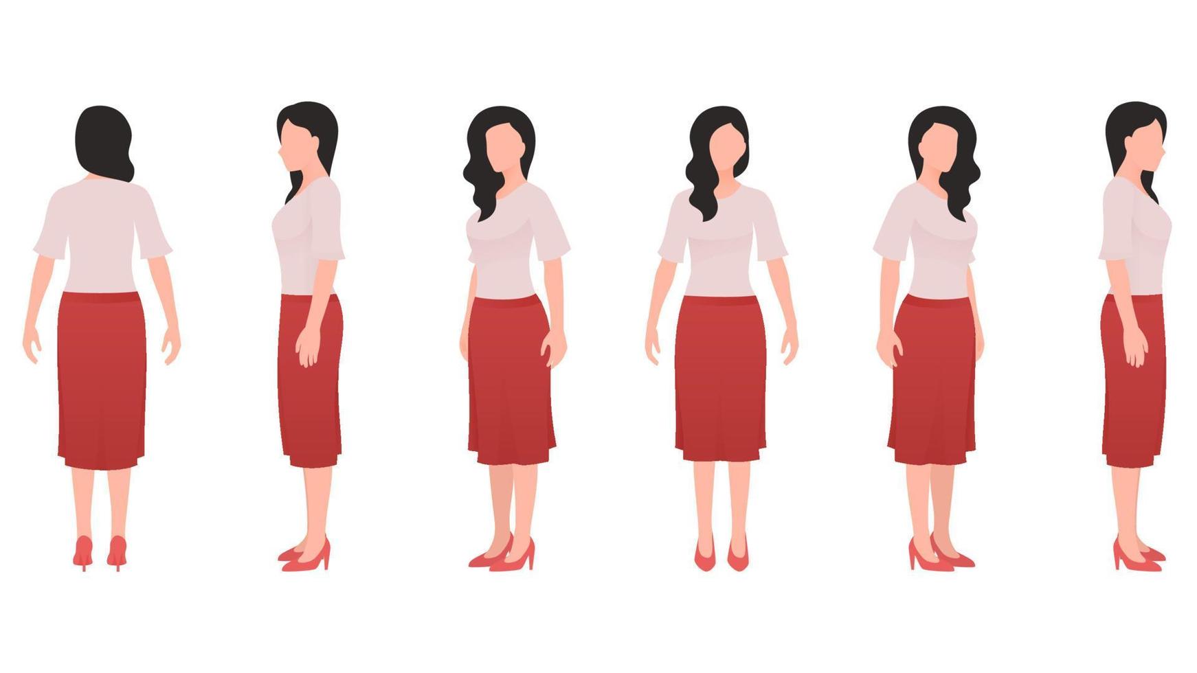 woman in casual avatar, woman in top and long skirt, business character set vector illustration on white background.