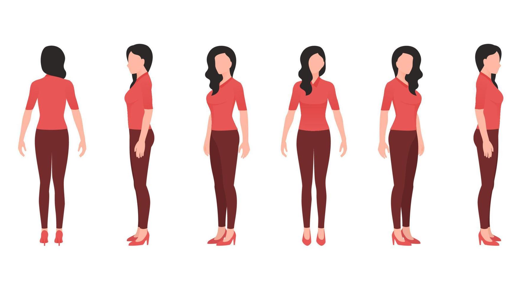 mujer con aspecto de oficina, mujer con camiseta y pantalones de oficina, ilustración de vector de conjunto de caracteres de negocios sobre fondo blanco.