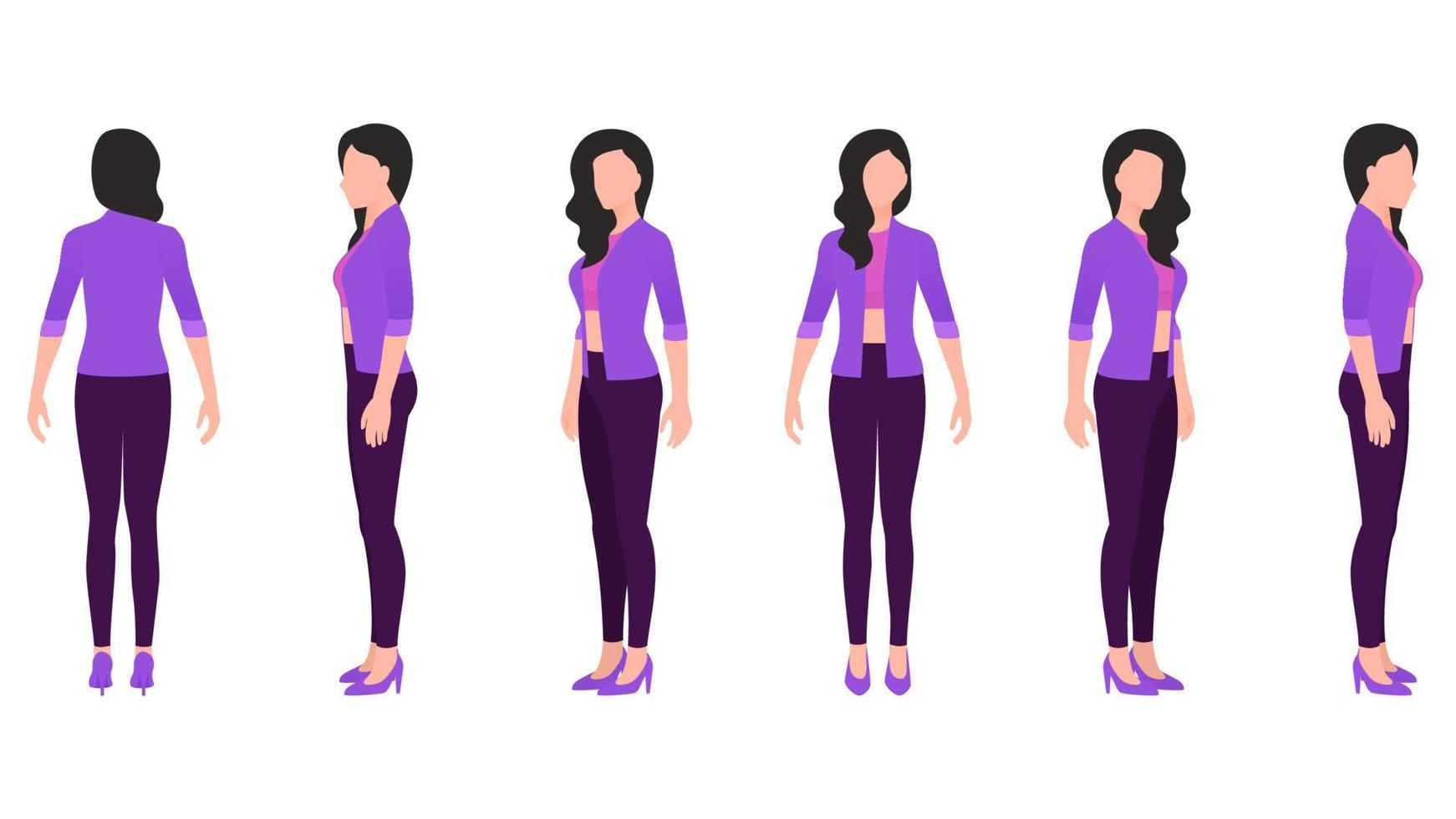 mujer en avatar casual, mujer en camiseta, chaqueta y pantalones, personaje de negocios establece ilustración vectorial sobre fondo blanco. vector