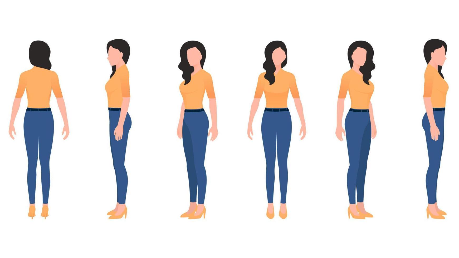 mujer con aspecto casual, mujer con camiseta brillante y pantalones vaqueros, ilustración vectorial del juego de caracteres de negocios sobre fondo blanco. vector