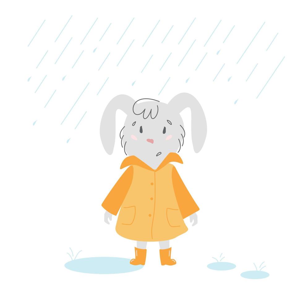 A gray bunny in an orange raincoat in the rain vector