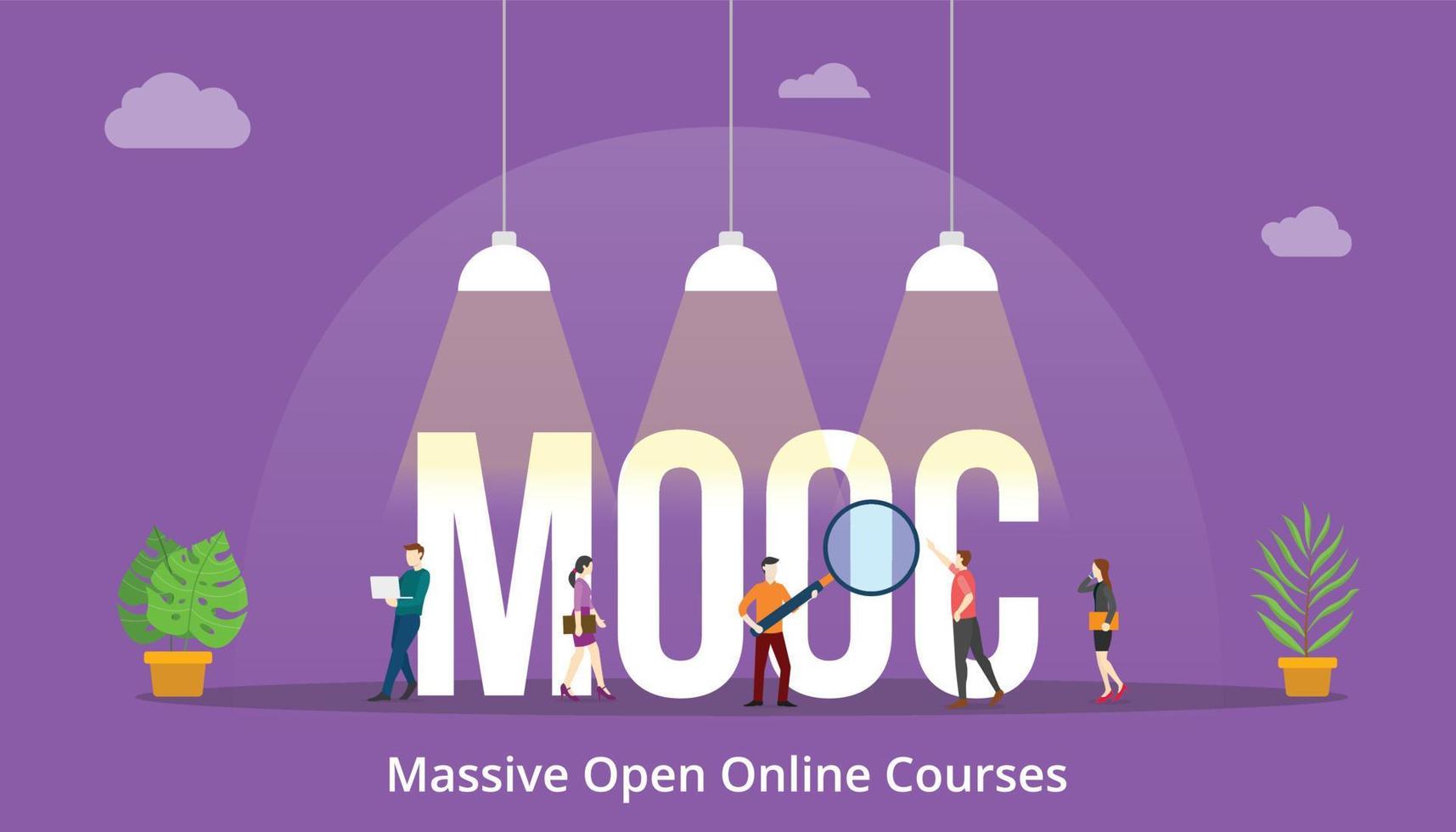mooc massive open online course concept with big word text and people with modern flat style vector