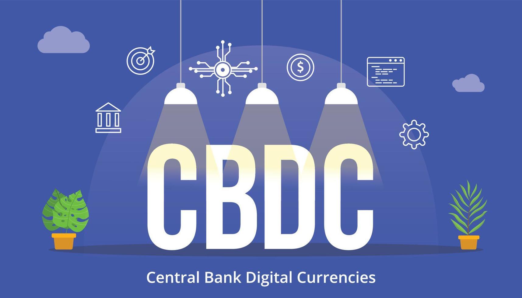 concepto de monedas digitales del banco central cbdc con icono y texto de palabra grande con estilo plano moderno vector