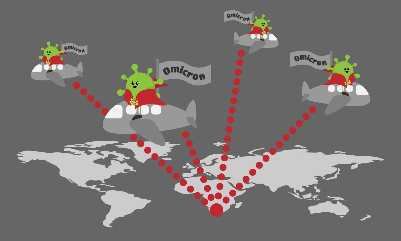La variante omicron del virus corona se propaga desde Sudáfrica a todo el mundo en avión. Adecuado para medios de comunicación, educación, etc. vector
