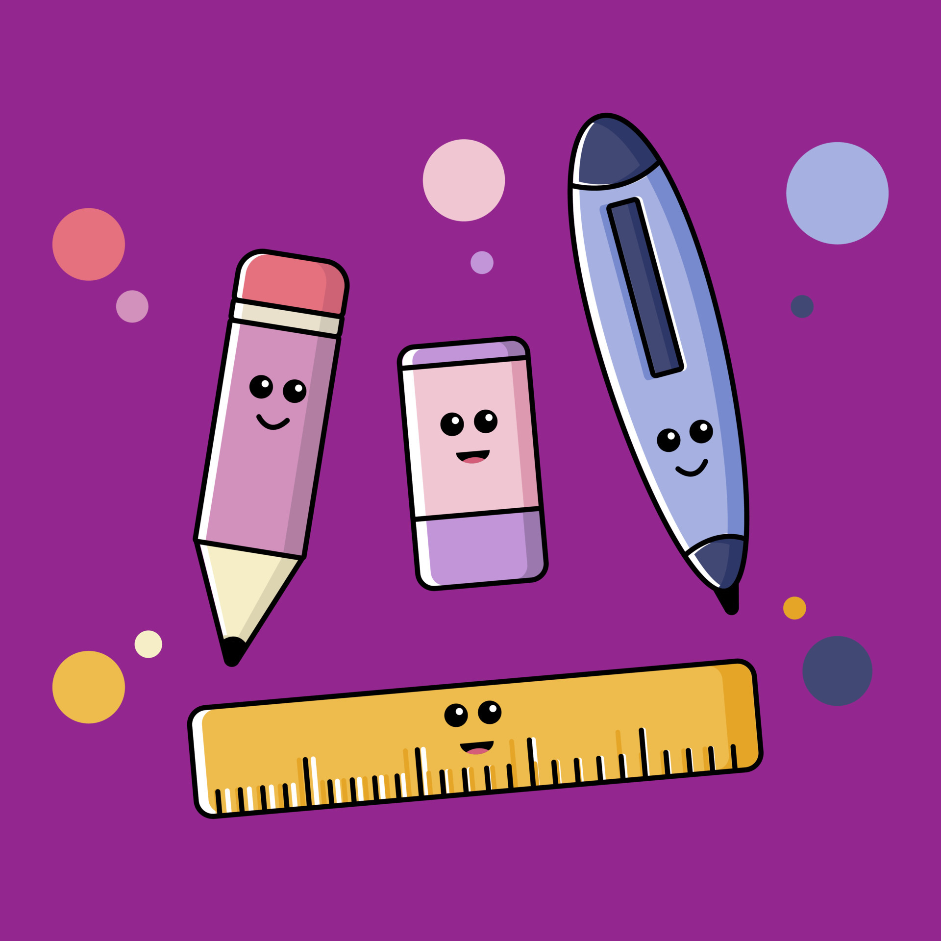 Pencil eraser pen ruler icon set. Suitable for educational media