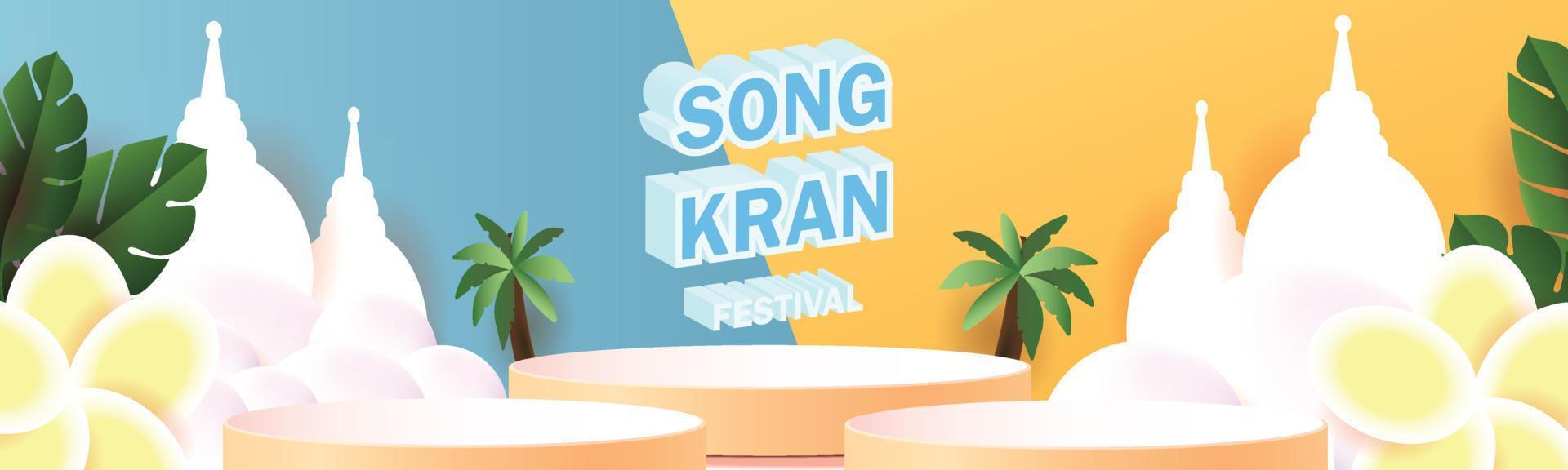 feliz festival de songkran en tailandia cartel de venta de podio flor de vecter en el concepto de plantilla de abril de sumer vector