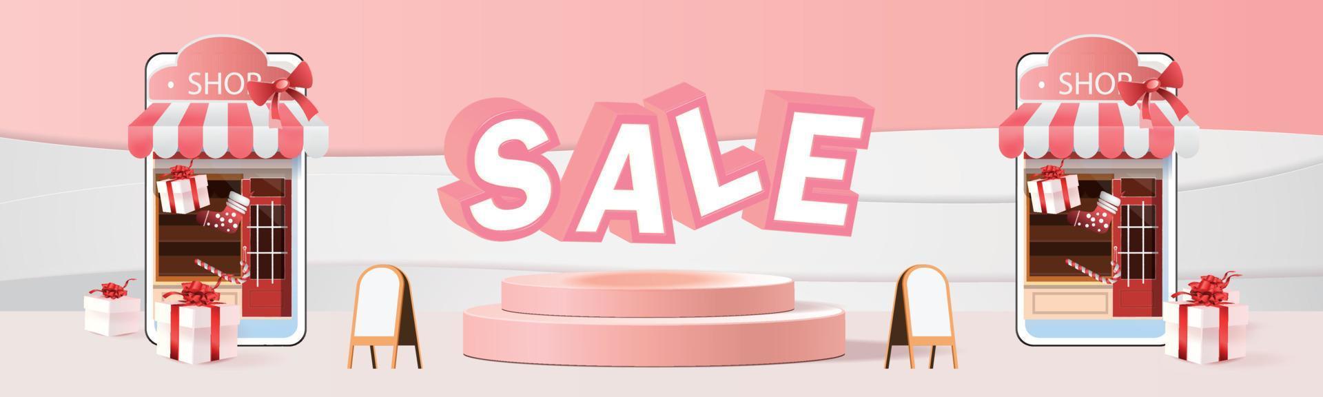 paper art shopping online on smartphone and new buy sale promotion pink backgroud for banner market ecommerce women concept. vector