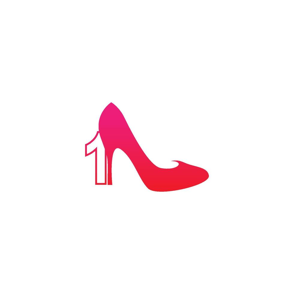 número 1 con zapato de mujer, vector de diseño de icono de logotipo de tacón alto