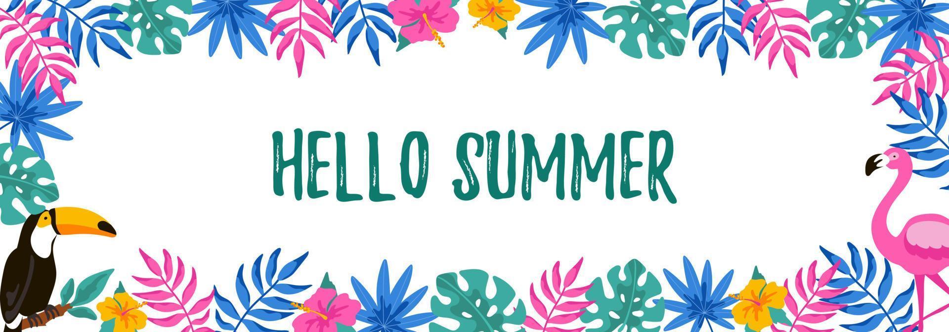 Horizontal summer design with hand drawn elements for banners, letters, invitation, messages, social media, cards. Vector illustration. Space for text. Hello summer lettering