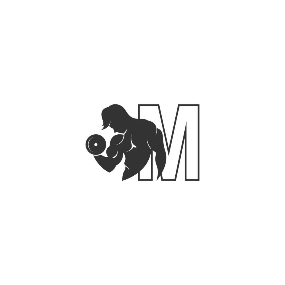 Letter M logo icon with a person holding barbell design vector