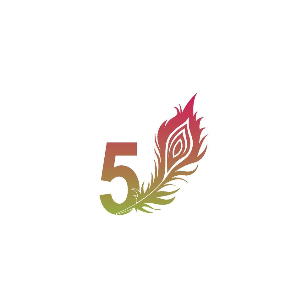 número 5 con vector de diseño de icono de logotipo de pluma