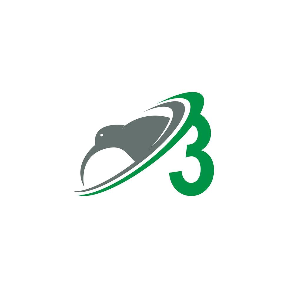 número 3 con vector de diseño de icono de logotipo de pájaro kiwi