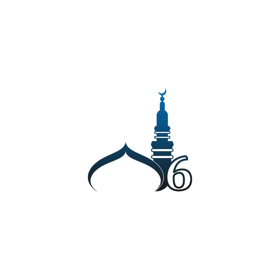 Number 6 logo icon with mosque design illustration vector