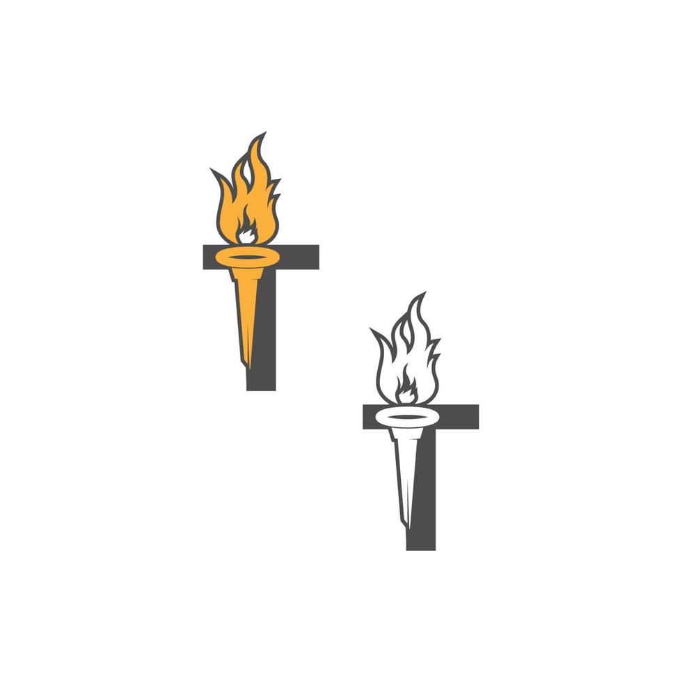 logotipo de icono de letra t combinado con diseño de icono de antorcha vector