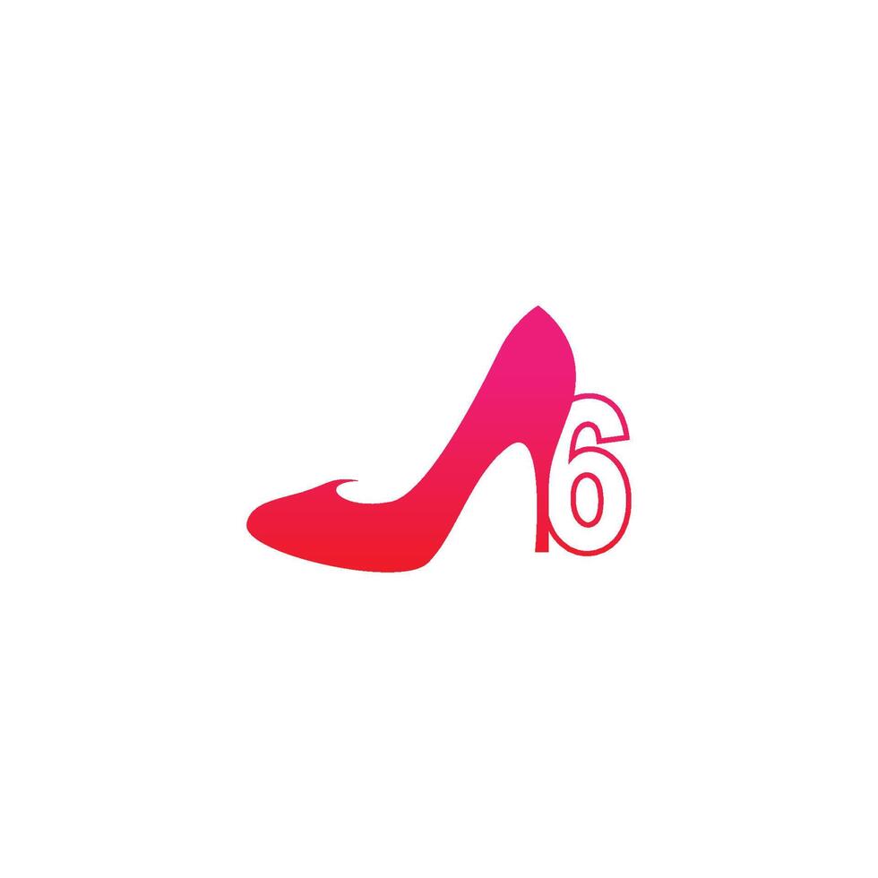 número 6 con zapato de mujer, vector de diseño de icono de logotipo de tacón alto