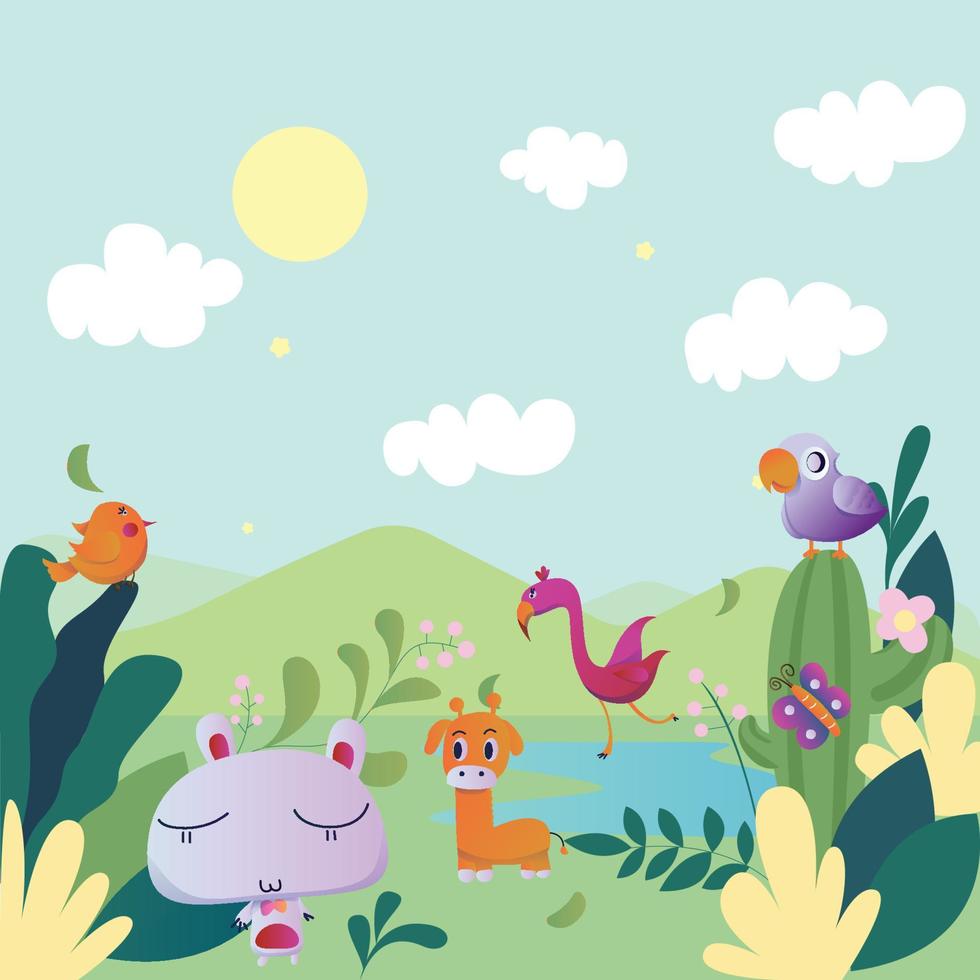 animal en el bosque con niños dibujando estilo vectorial vector