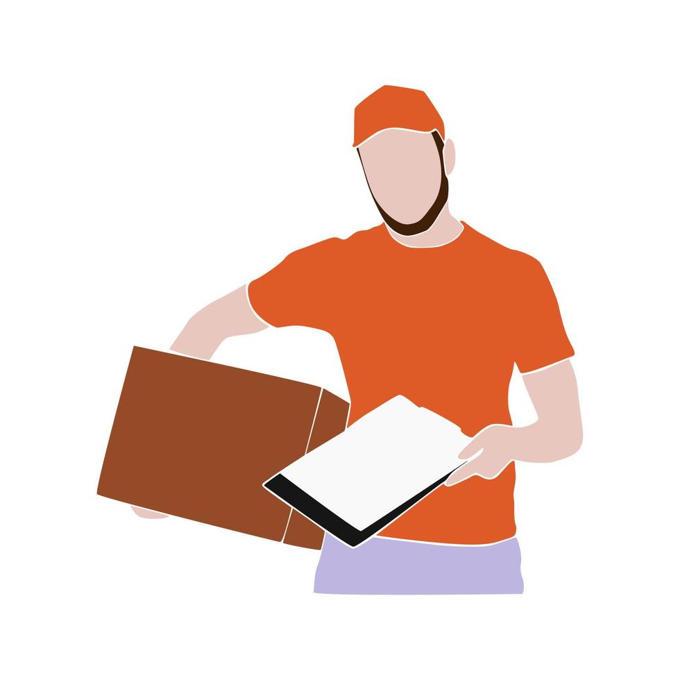 Delivery man portrait wearing red uniform. Bearded man, a courier in a cap holding a delivery package box. Postman brought the parcel. Online delivery. Flat paper cut mosaic style vector illustration