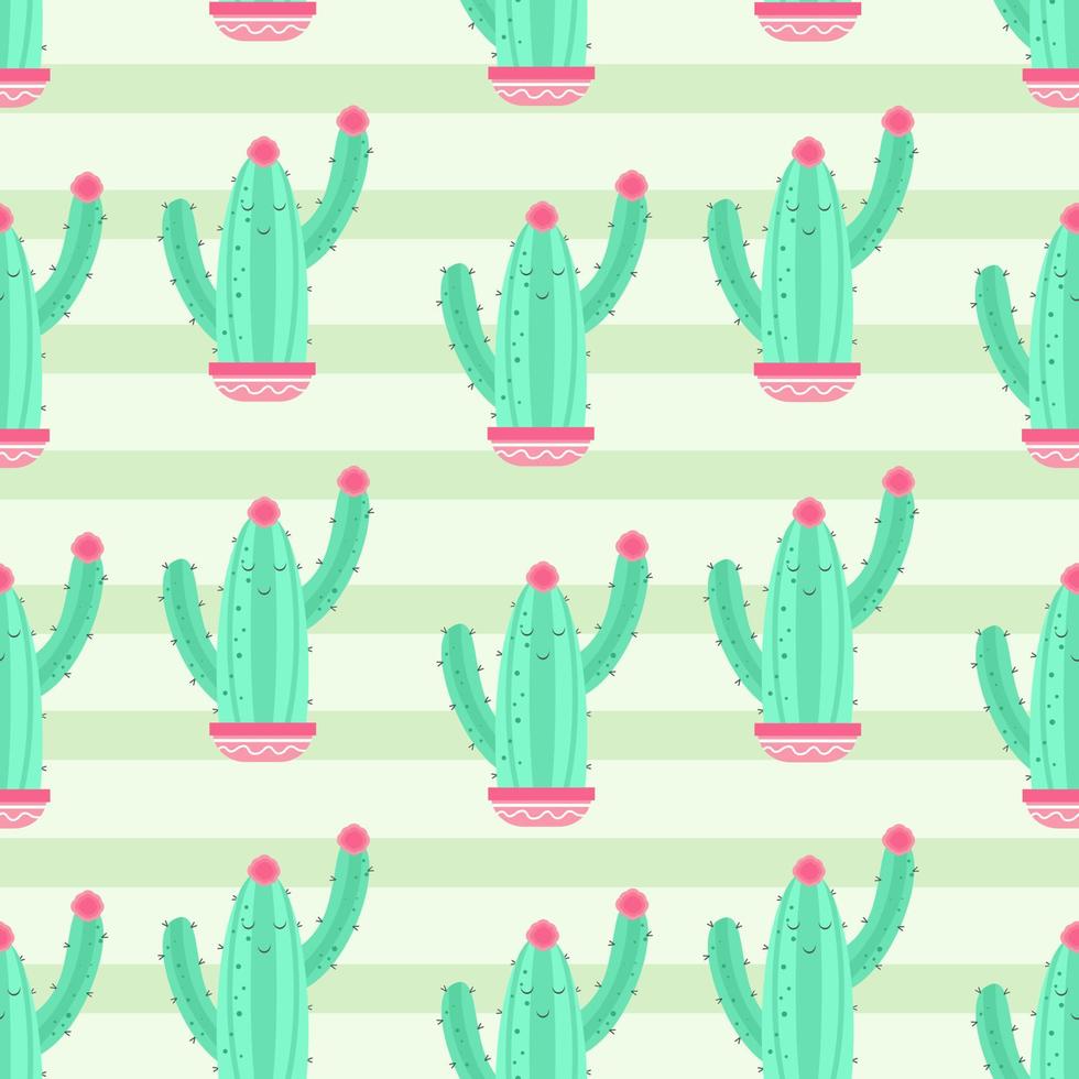 Cute cactus seamless pattern on light green stripes background vector