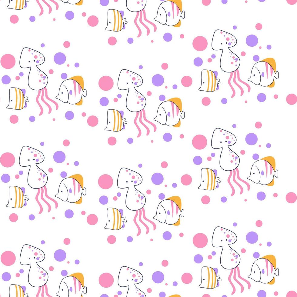 Seamless pattern with cute squid illustration in line cartoon style vector