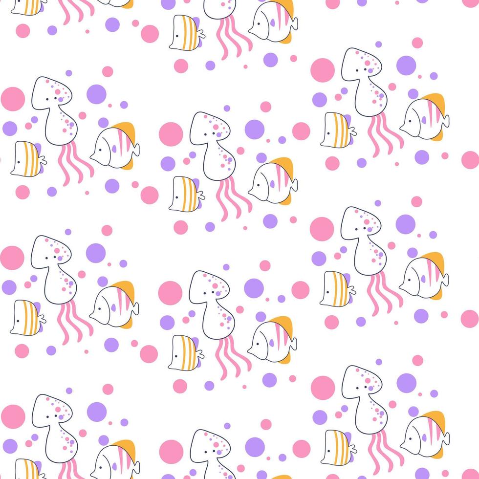Seamless pattern with cute squid illustration in line cartoon style vector
