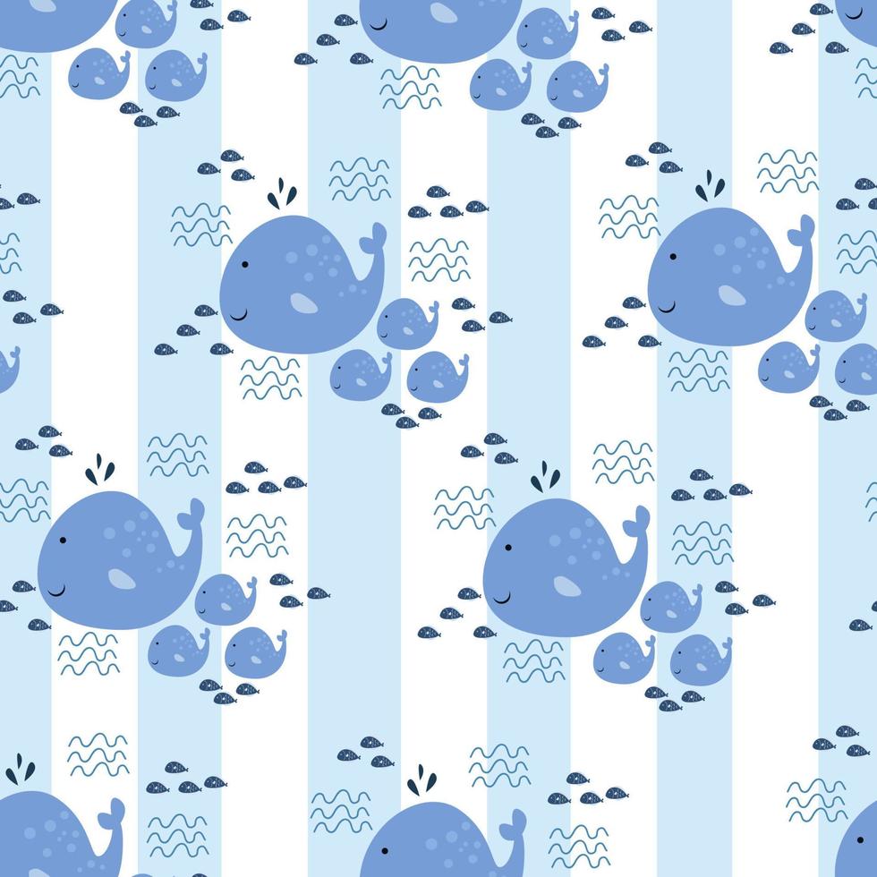 Seamless pattern with cute whale vector illustration in cartoon style