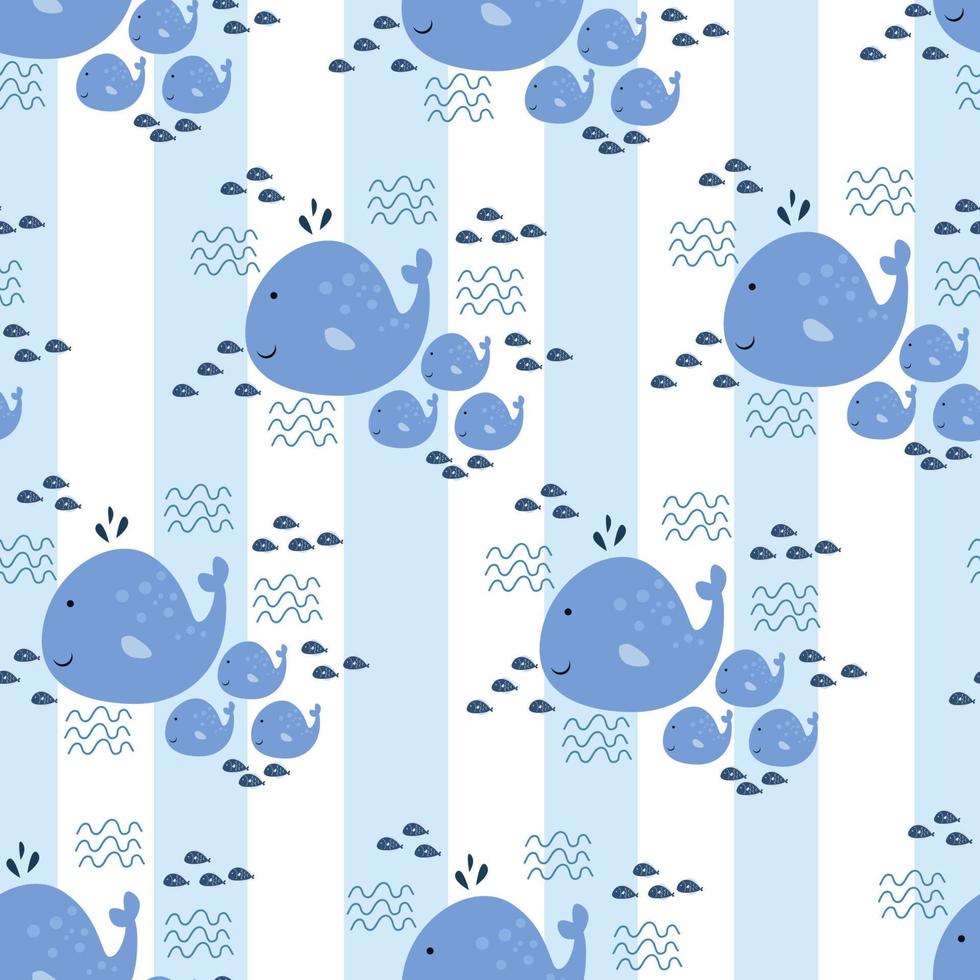 Seamless pattern with cute whale vector illustration in cartoon style