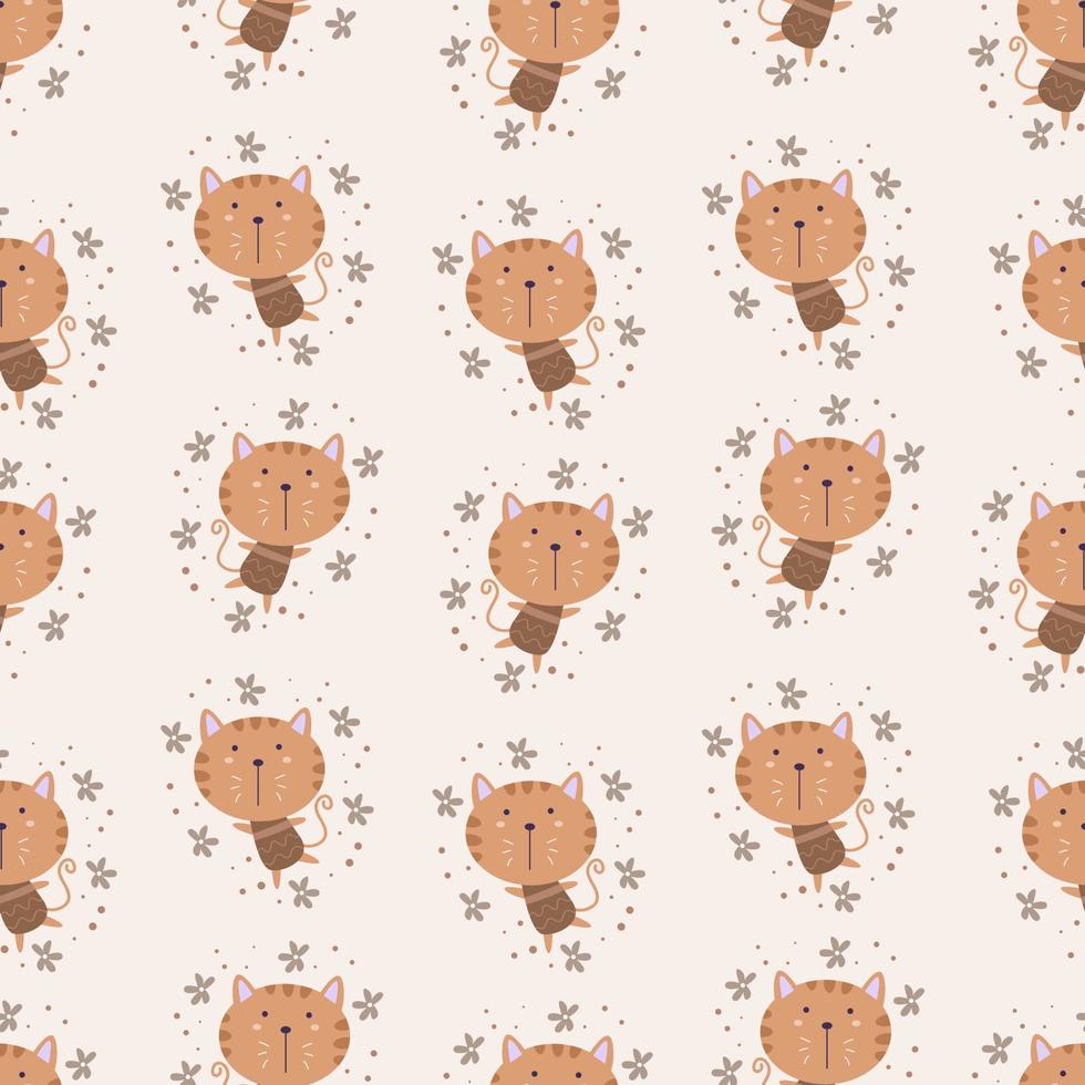 Seamless pattern with cute brown cat vector illustration in cartoon style