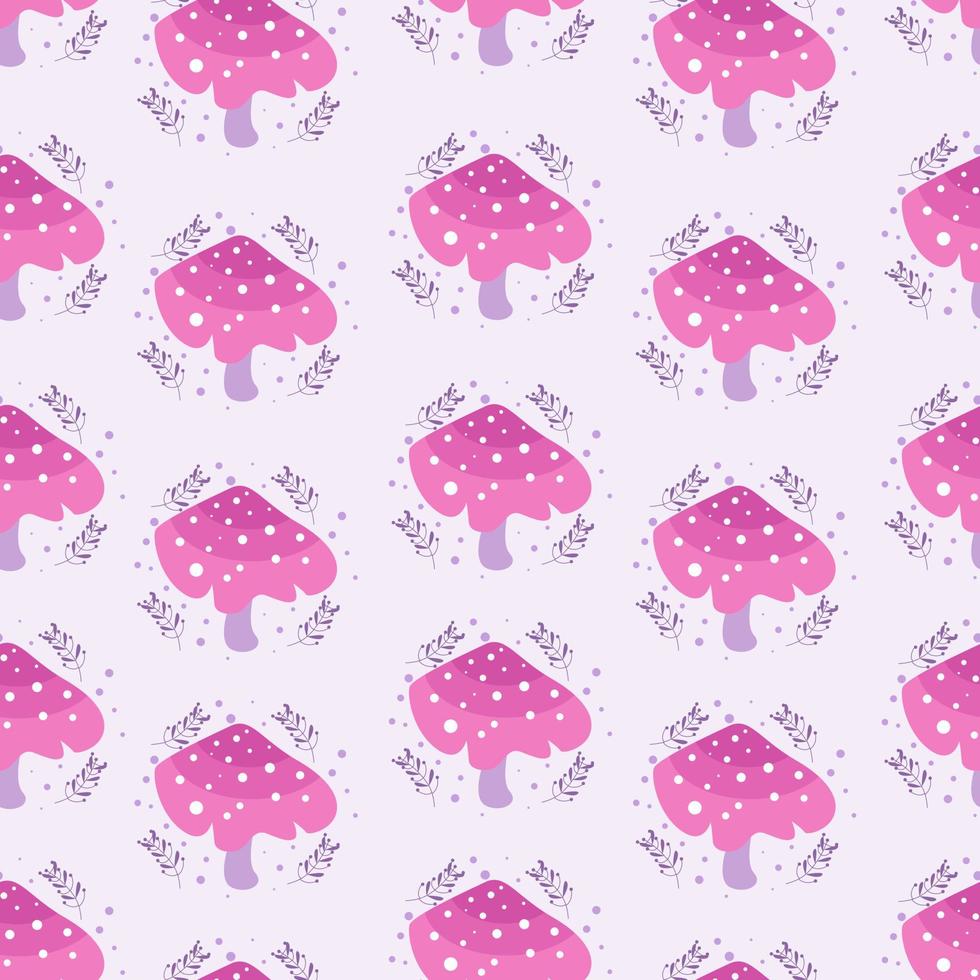 Seamless pattern with cute pink mushroom vector illustration in cartoon style