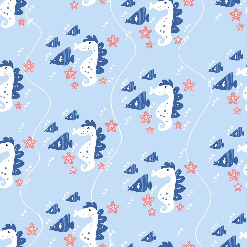 Seamless pattern with cute seahorse and other sea animals vector illustration in cartoon style