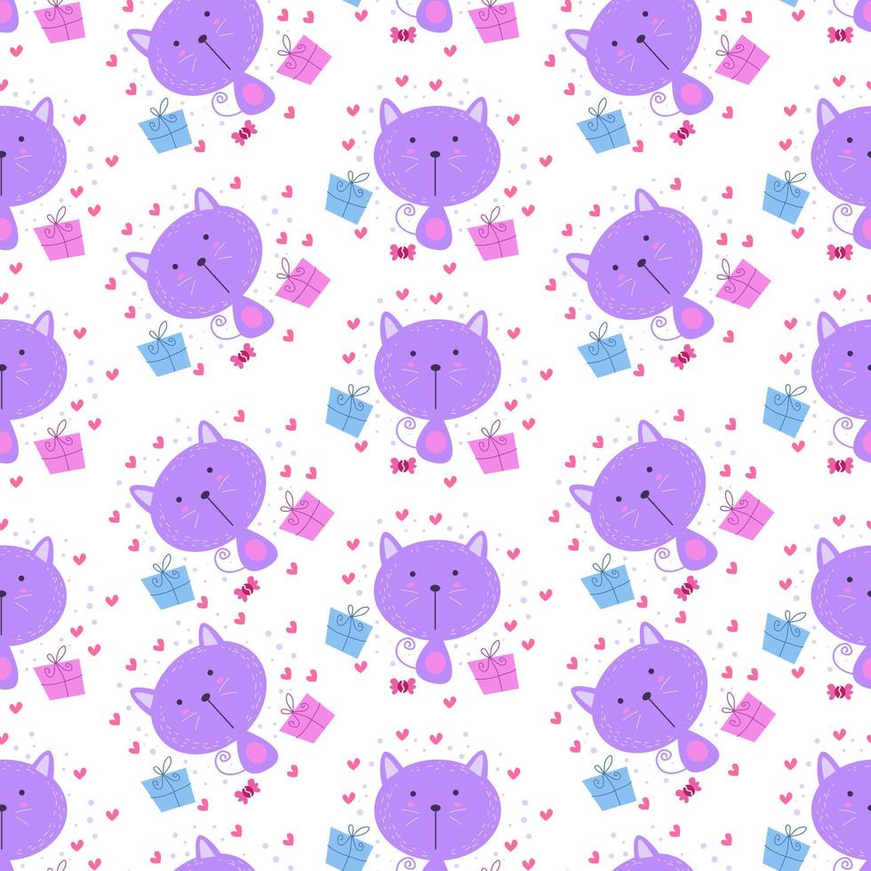 Seamless pattern with cute purple cat vector illustration in cartoon style