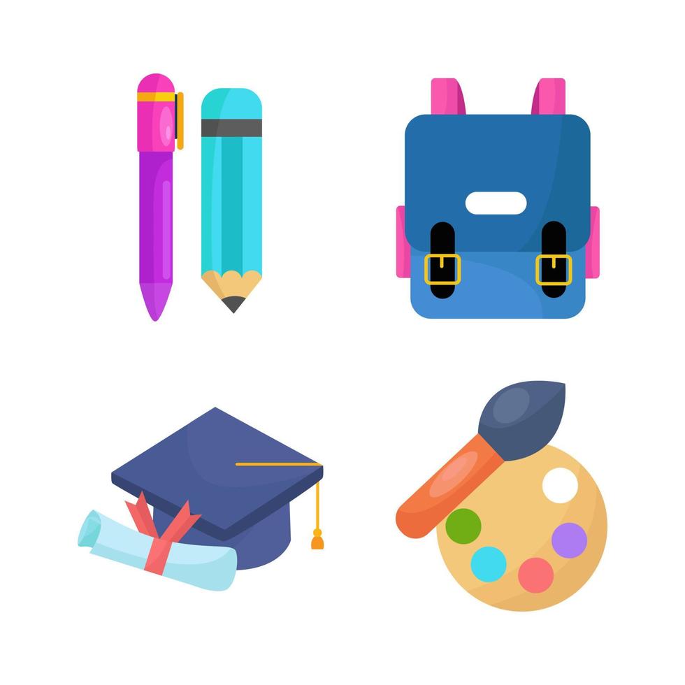 Educational set of school icons in 2d cartoon style vector