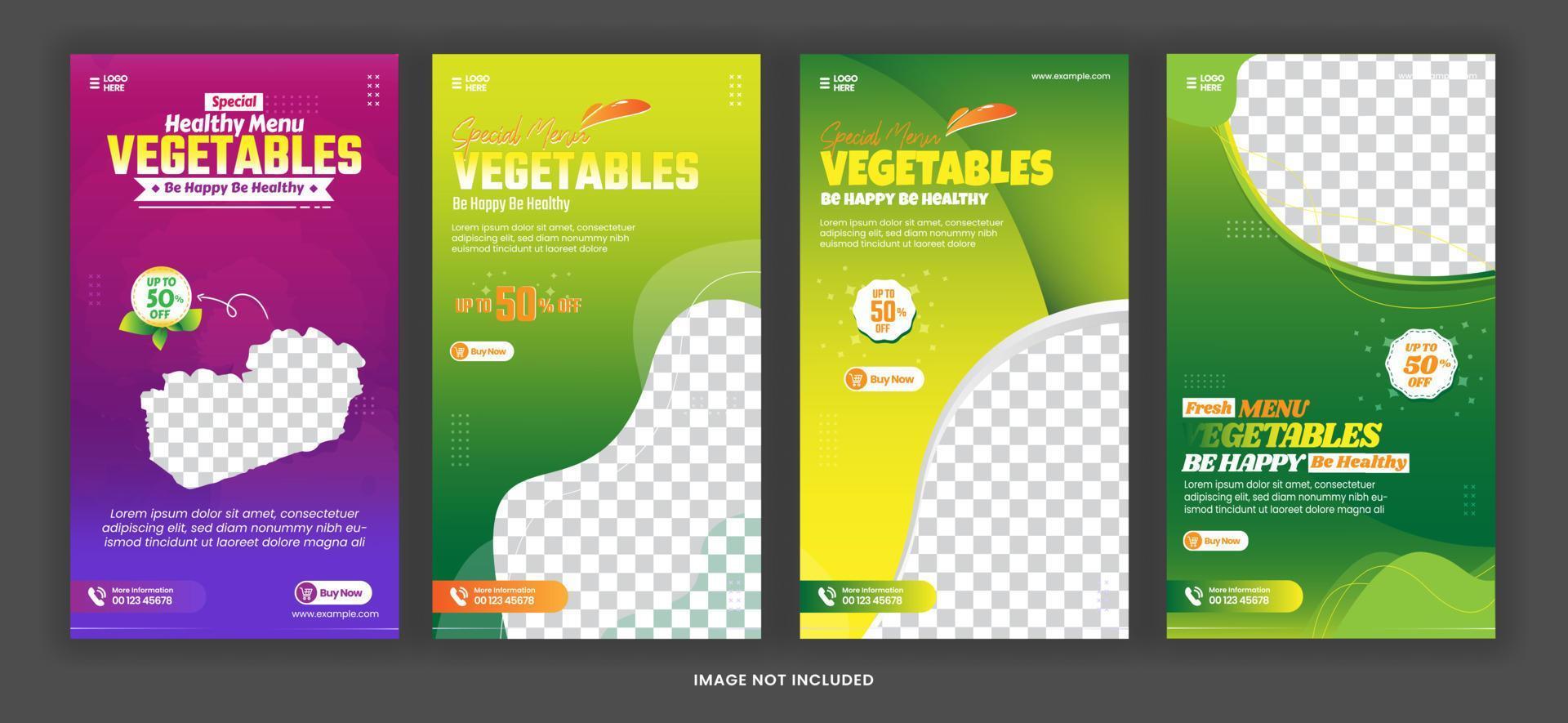 promoción de publicaciones en redes sociales de verduras frescas y saludables de la historia del paquete con una plantilla colorida vector