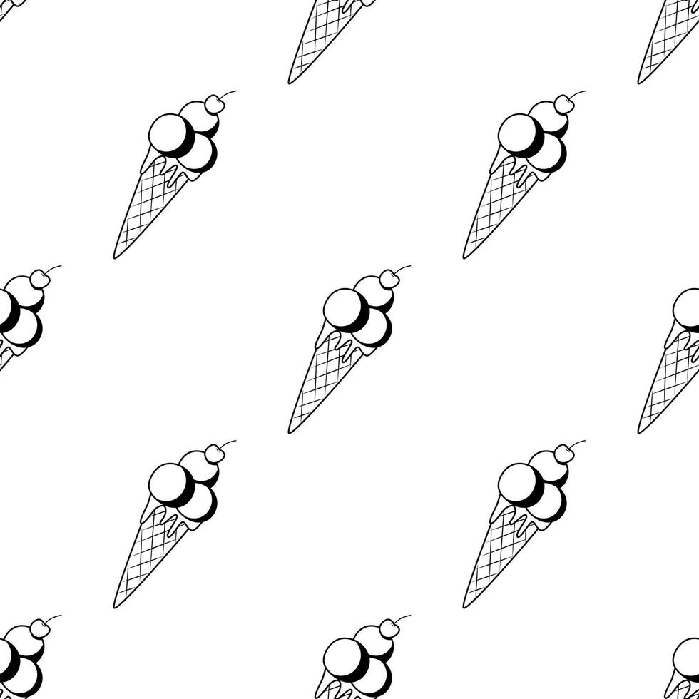 Ice cream seamless black and white pattern. Flat vector illustration