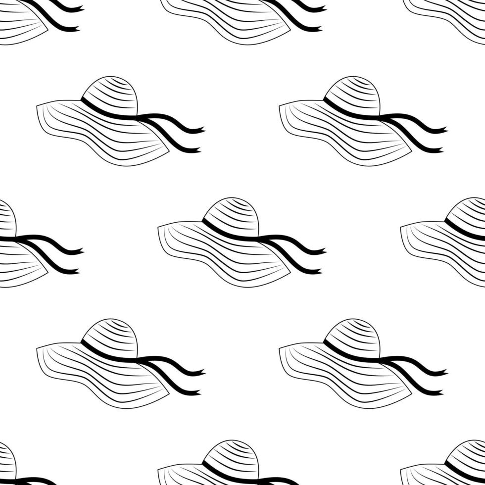 Women's summer hat seamless black and white pattern. Flat vector illustration