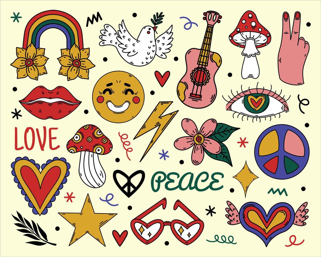 Vintage 70s groove elements, cute hippie symbols. Cartoon stickers - rainbow, flowers, mushrooms, hearts, guitar, dove. Bright flat signs of peace, love, friendship. Vector icons set, retro doodles