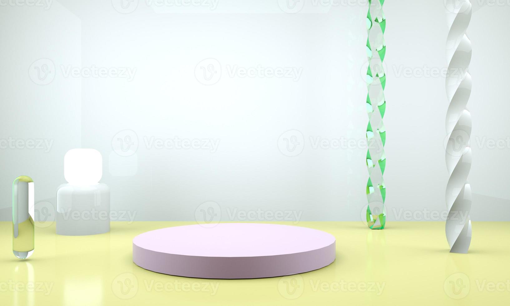 3d rendering studio with geometric shapes, podium on the floor. Platforms for product presentation, mock up background. photo