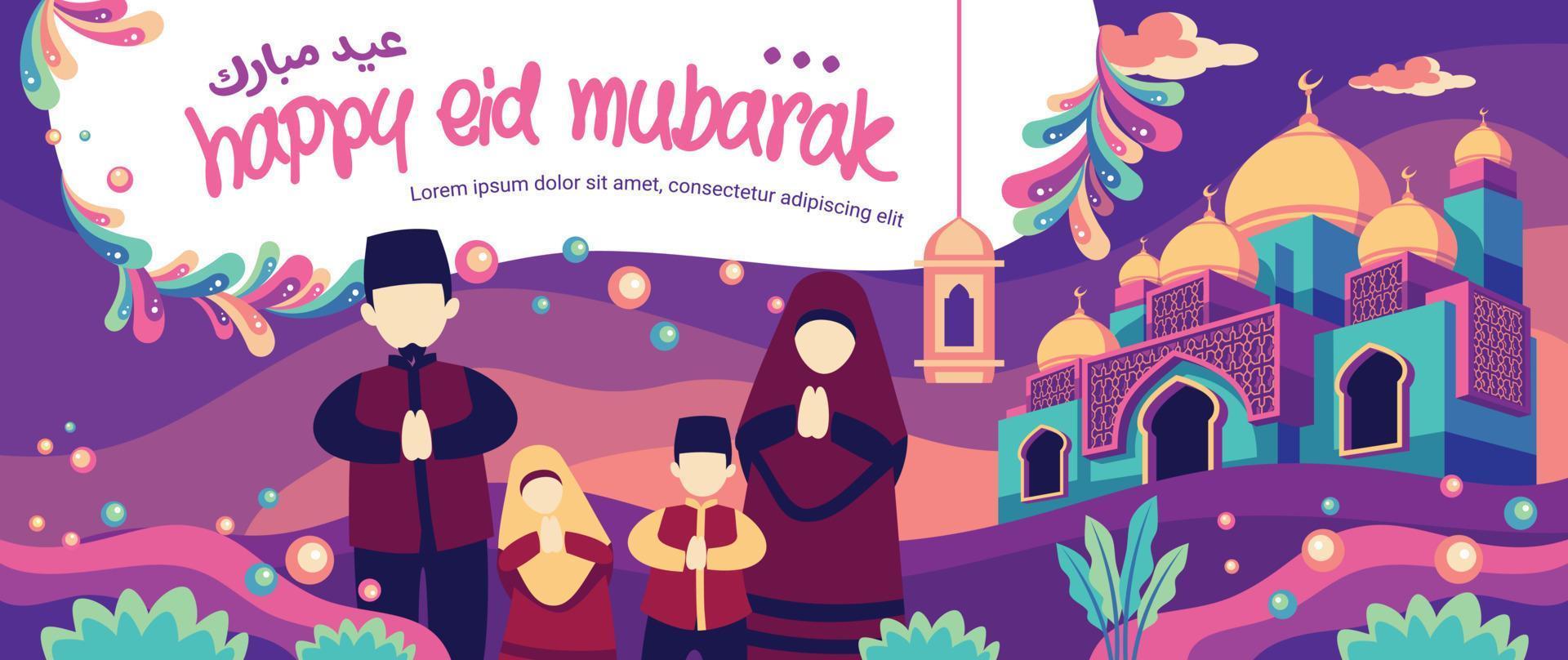 Full Color Parents And Children Illustration Happy Eid Mubarak Greeting Card Template vector