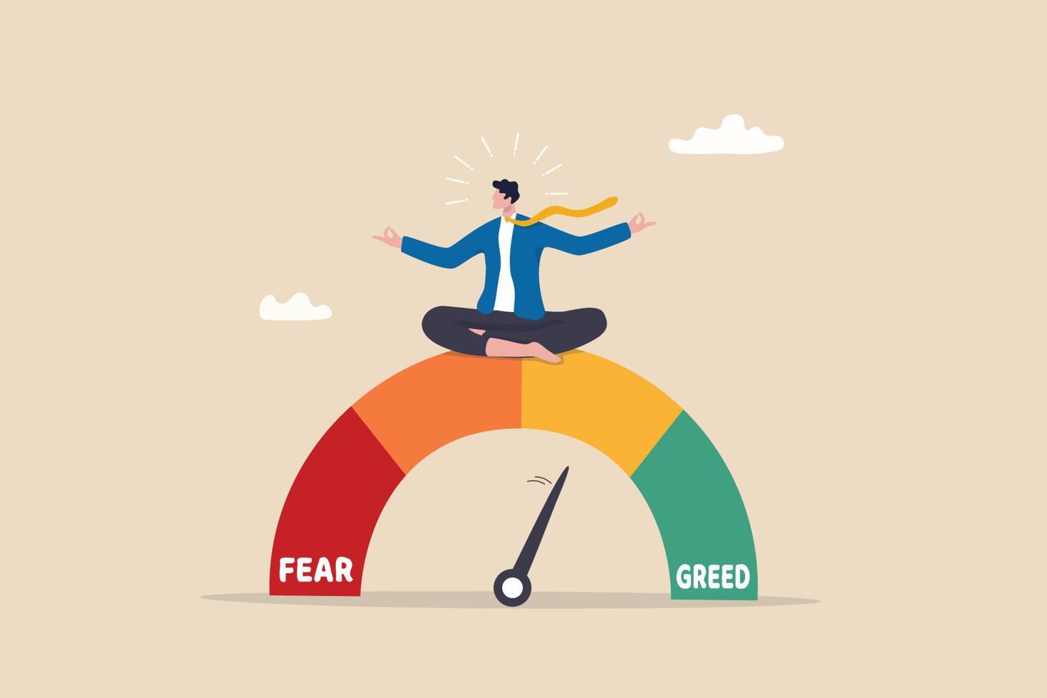 Market sentiment, fear and greed index, emotional on stock market or crypto currency trading indicator, investment risk psychology concept, businessman investor meditating on market sentiment gauge. vector