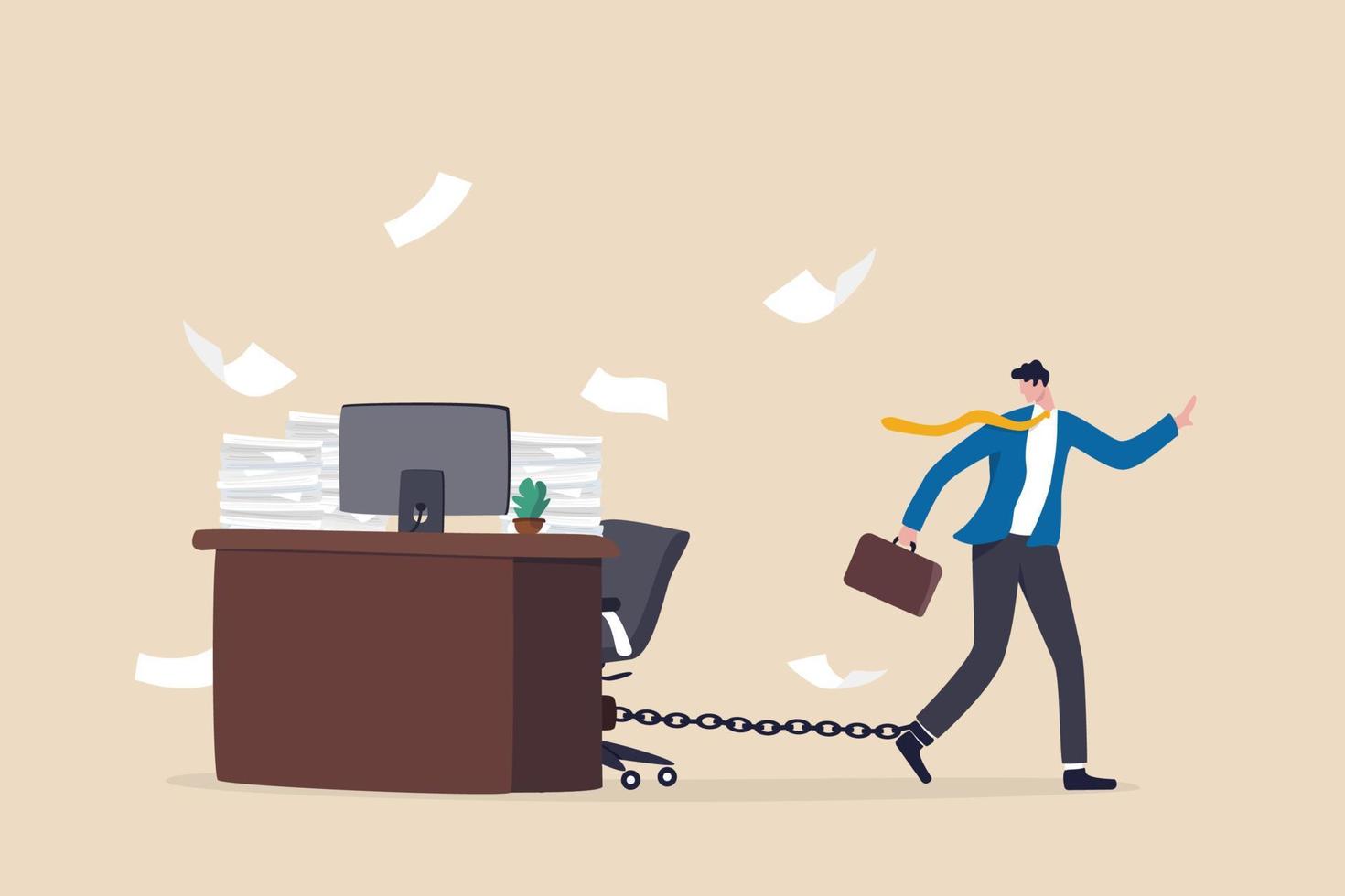 Office job work hard like a slave, overworked with busy and urgent assignment, exhausted or stressful responsibility concept, depressed businessman prisoner found himself chained with working desk. vector