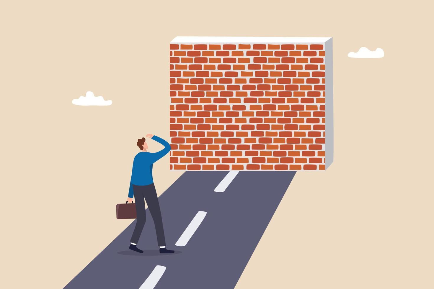 Business barrier, obstacle or difficulty, road block or career struggle, trouble or problem to be solved, prohibited or dead end concept, confused businessman walk on the road to brick wall barrier. vector