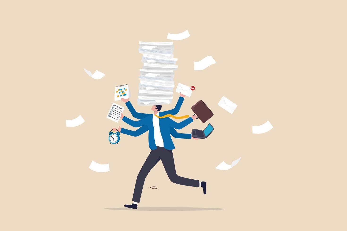 Busy work and multitasking employee, hurry to finish many documents within deadline and schedule, overworked or exhausted from overload tasks concept, stressful businessman carry busy work to finish. vector