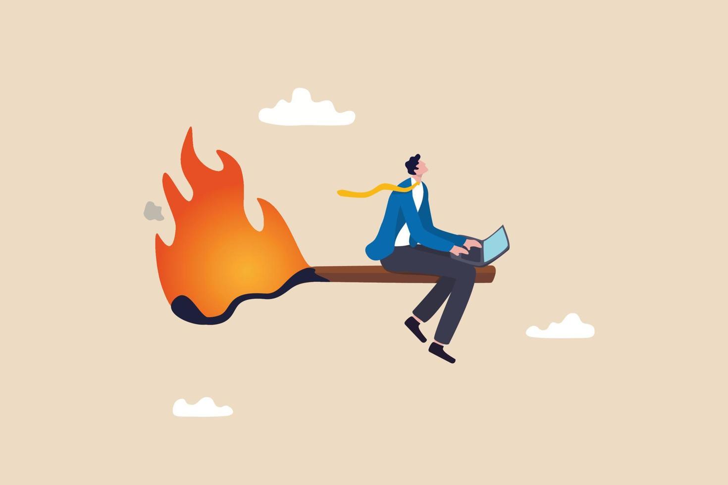 Burnout from overworked or pressure to finish within deadline, frustration or exhausted worker, despair employee or trouble concept, desperate businessman working with laptop on burning matchstick. vector