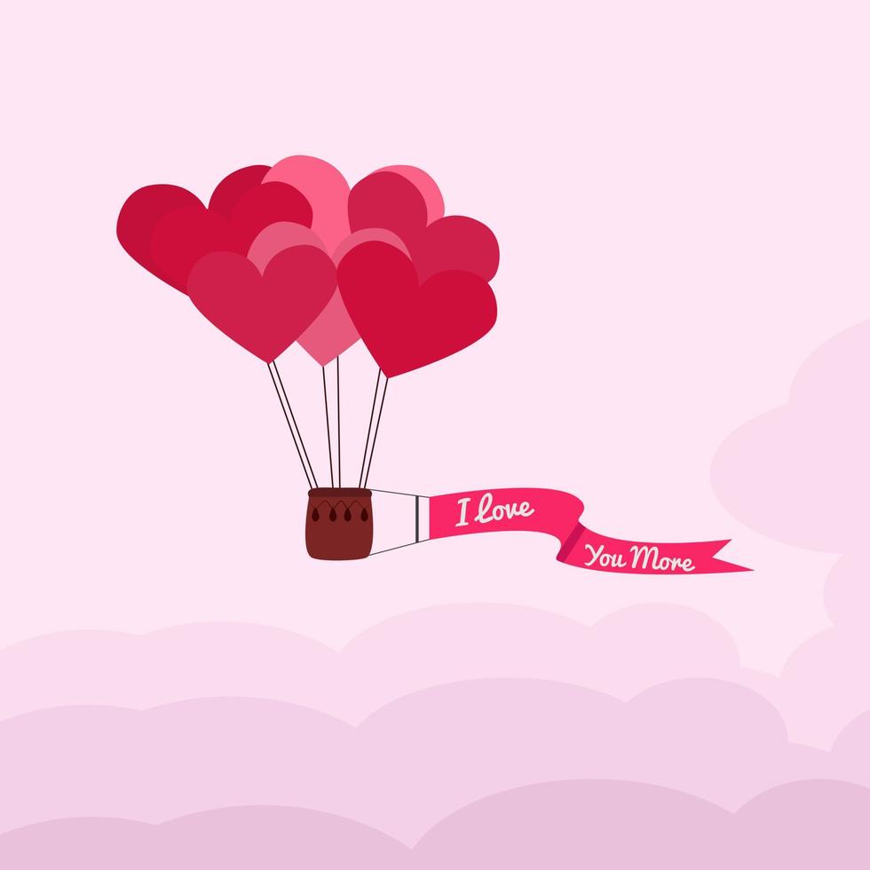 Modern paper art origami background. A bunch of red paper heart balloons, fluffy clouds and an inscription. I love you more vector
