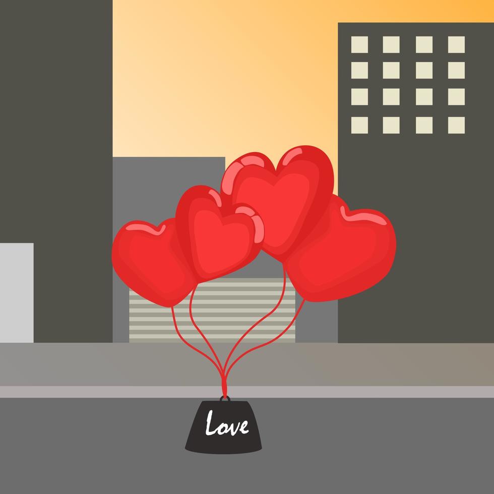 Heart shaped balloon flat color vector item. flying in the middle of an urban street Vector illustration for valentines day celebration for graphic design