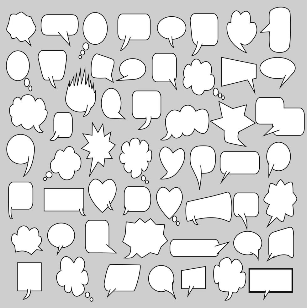 Conversation bubble text set, chat box, message box outline. cartoon vector illustration design. Balloon doodle style of thinking sign symbol. blank white speech bubble isolated on a gray background.