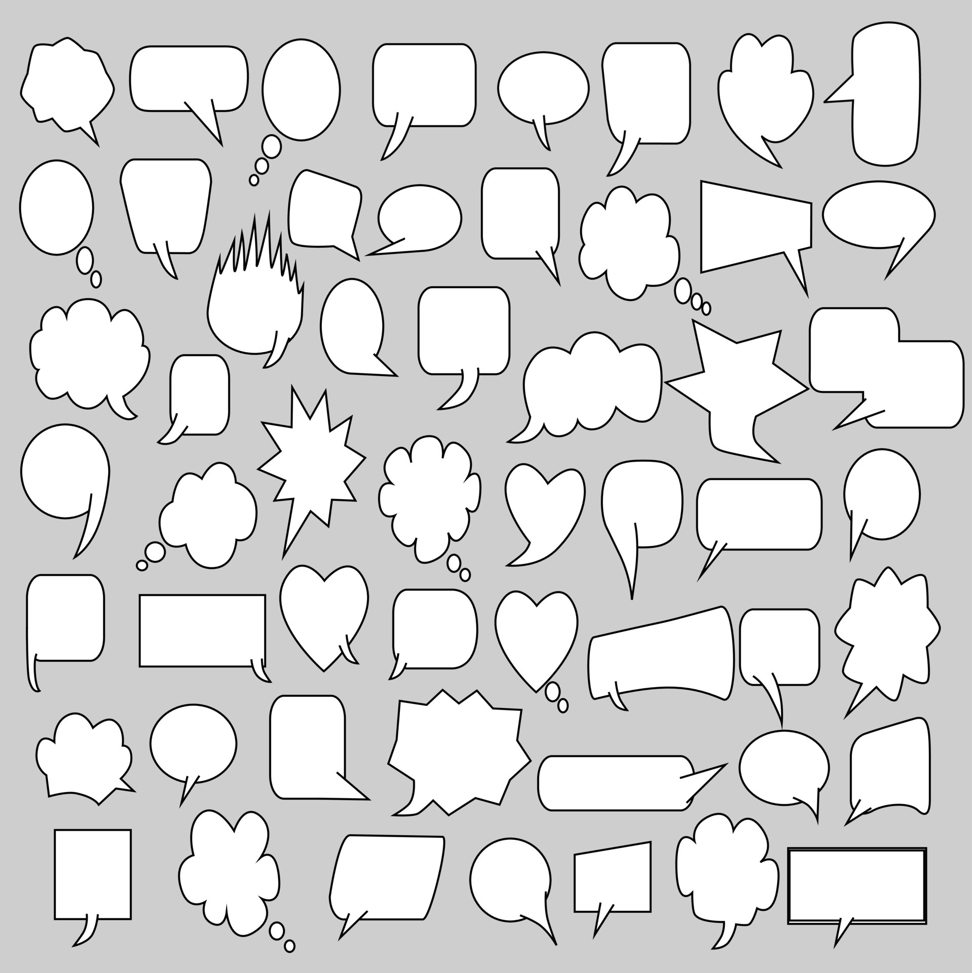 Conversation bubble text set, chat box, message box outline. cartoon vector illustration design. Balloon doodle style of thinking sign symbol. blank white speech bubble isolated on a gray background. 6835000 Vector Art Conversation bubble text set, chat box, message box outline. cartoon vector illustration design. Balloon doodle style of thinking sign symbol. blank white speech bubble isolated on a gray background. 6835000 Vector Art